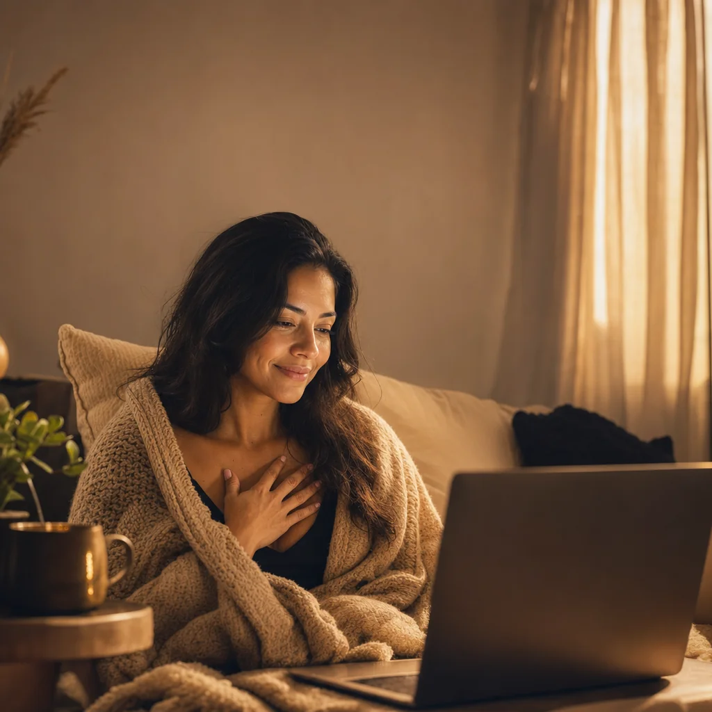 Mujer en casa viendo gratis el curso de apego tóxico y dependencia emocional en YouTube