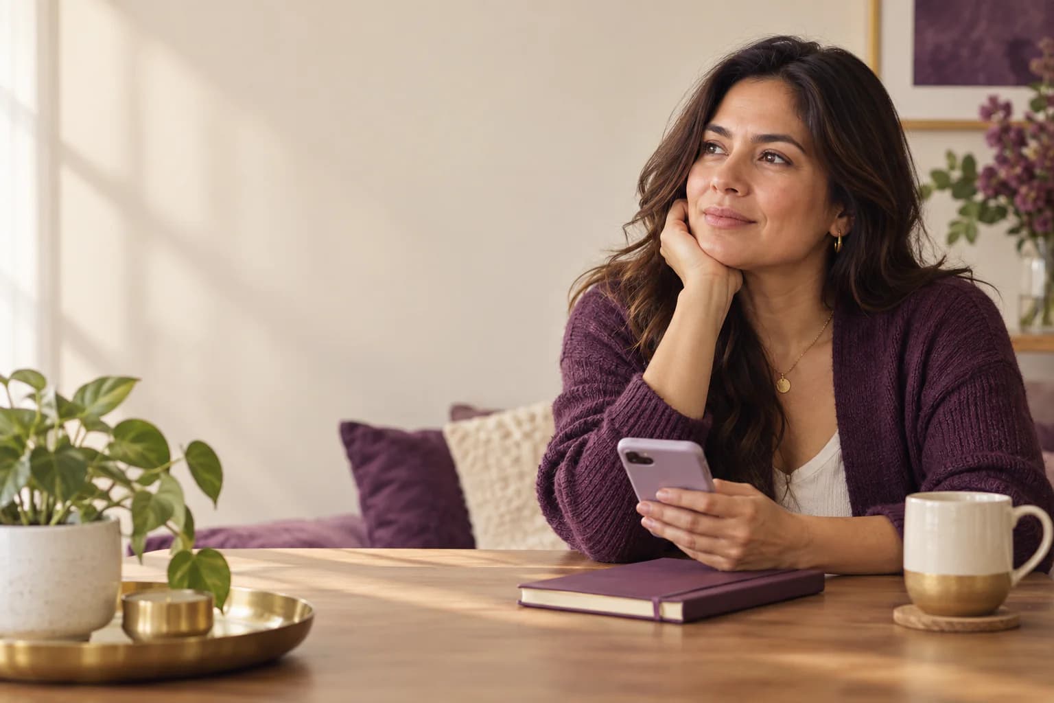 Mujer haciendo una pausa antes de escribir y usando herramientas de Mente Detox