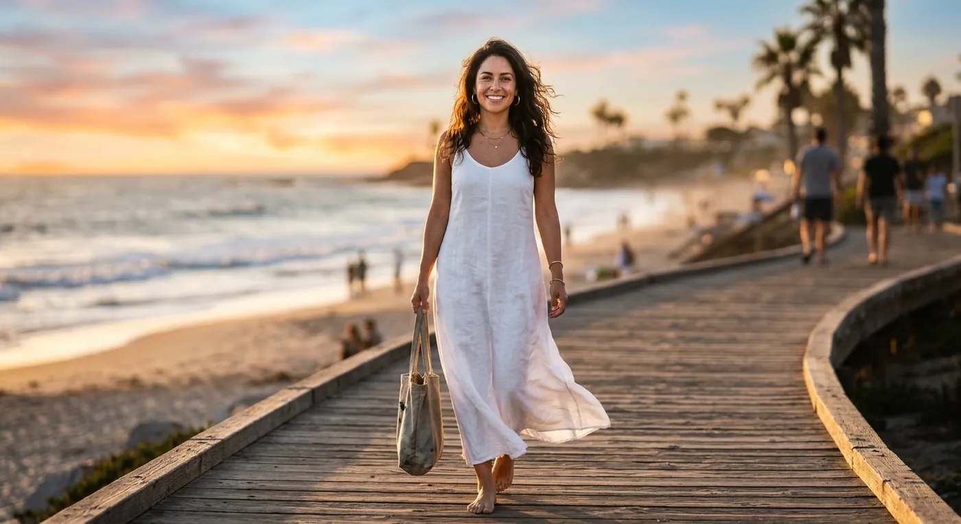 Mujer caminando con confianza al atardecer