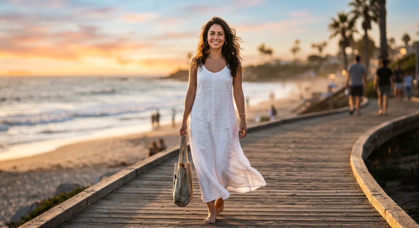 Mujer caminando con confianza al atardecer