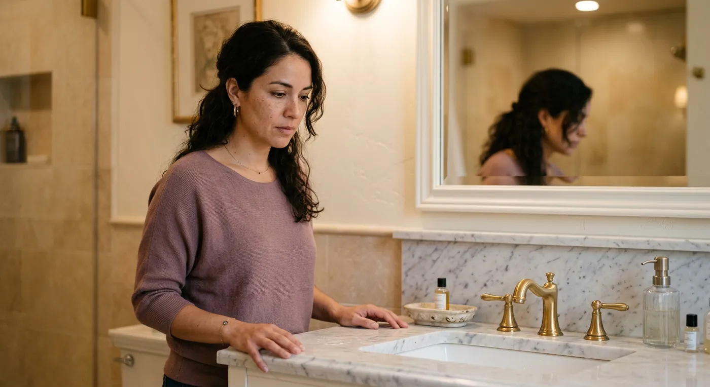 Mujer frente al espejo en un momento de reconocimiento y vulnerabilidad