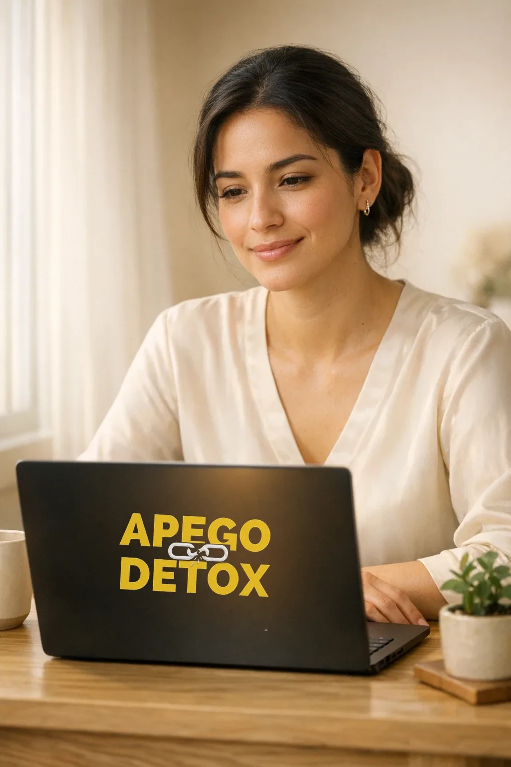 Mujer frente a su computador con Apego Detox, decidida a romper el apego tóxico y recuperarse — programa de Javier Vieira, psicólogo especialista