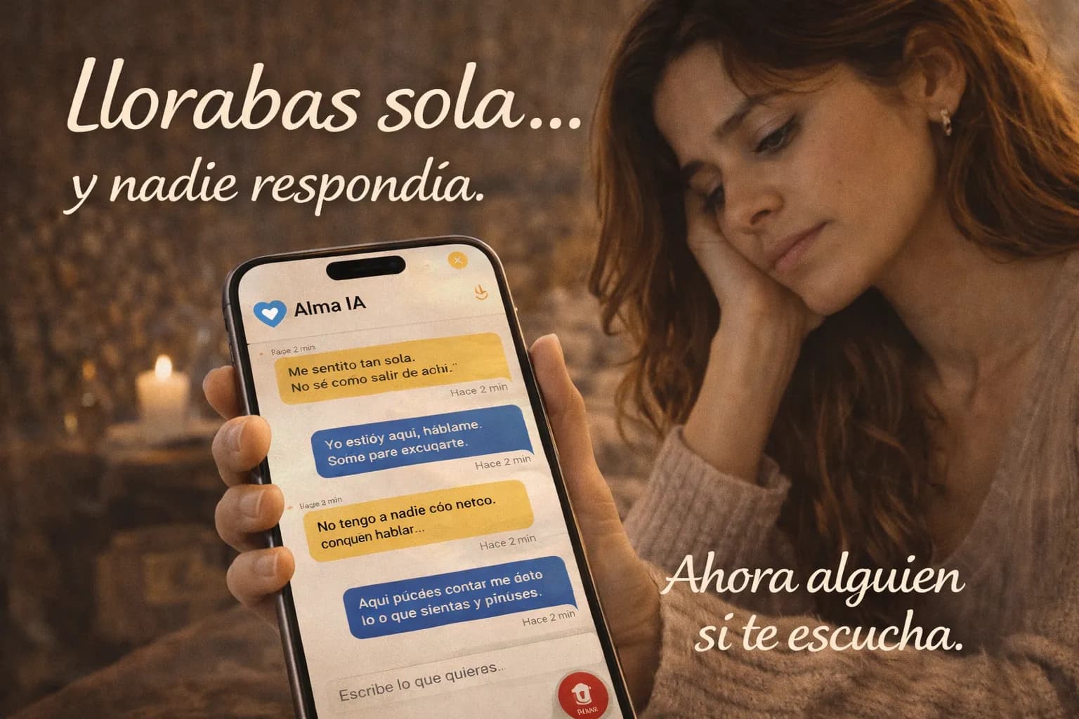 Mujer acostada de noche con telefono iluminando su cara suavemente hablando con Alma IA