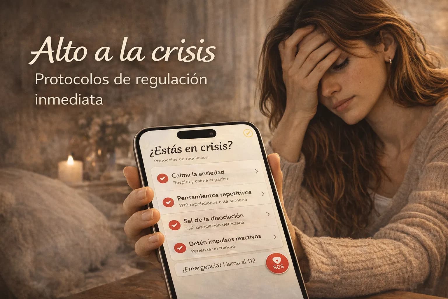 Mujer con ojos cerrados respirando profundo mano en el pecho protocolo de crisis