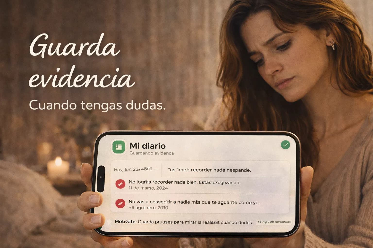 Mujer documentando evidencia en su telefono con gesto decidido