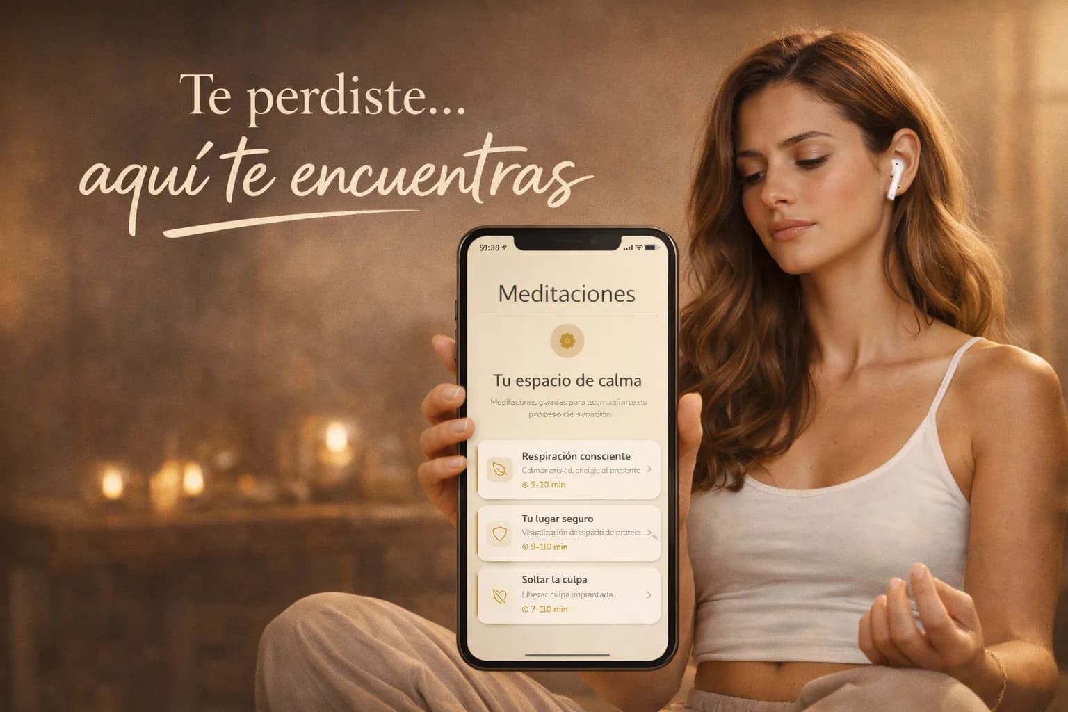 Mujer meditando con audifonos en luz dorada calida meditacion guiada sanacion