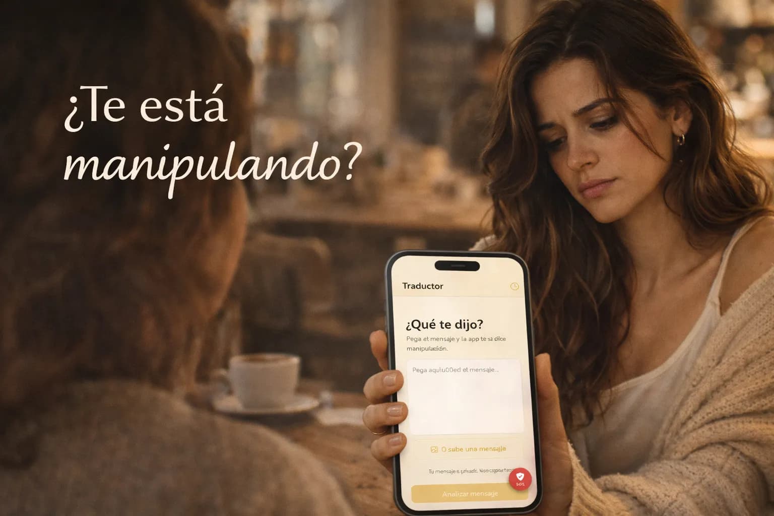 Mujer mirando su telefono con expresion de claridad al ver el analisis de manipulacion