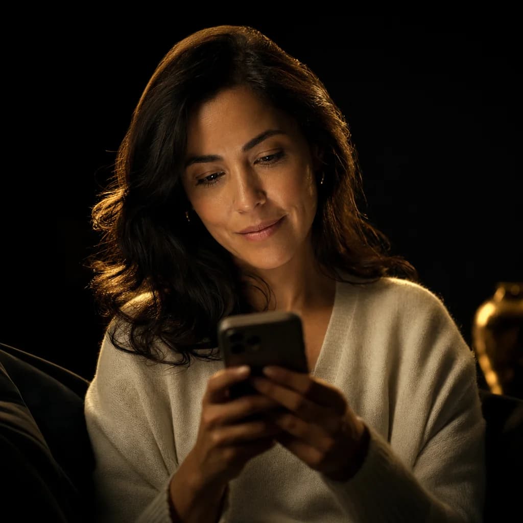 Mujer mirando su teléfono de noche y encontrando claridad con la app Mente Detox