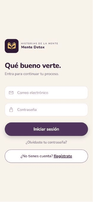 Pantalla real de acceso a Mente Detox con campos de correo y contraseña