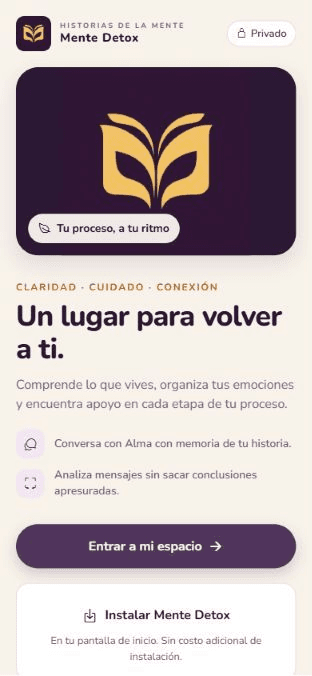 Captura real de Mente Detox con su nuevo diseño ciruela y crema: bienvenida, acceso a la cuenta e instalación