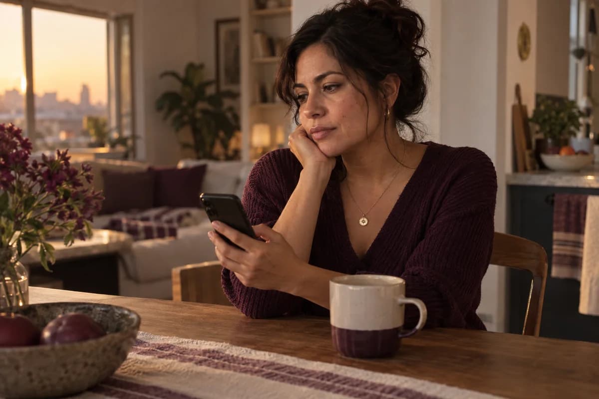 Escena ilustrativa de una mujer reflexionando después de leer su teléfono