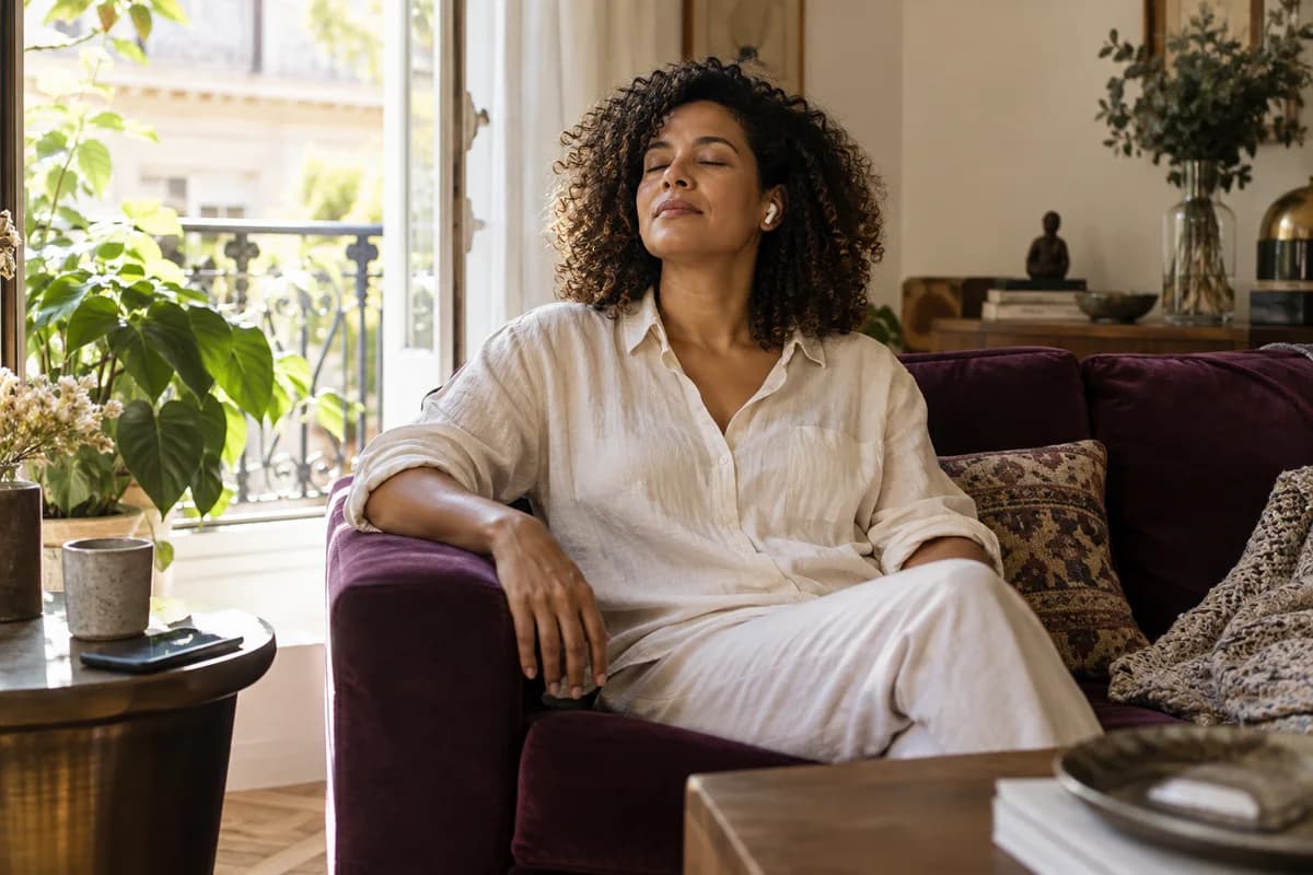 Escena ilustrativa de una mujer con auriculares tomando una pausa tranquila en casa