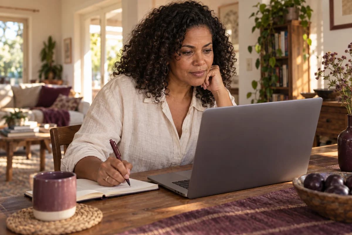 Escena ilustrativa de una mujer leyendo en su computador y tomando notas para reflexionar