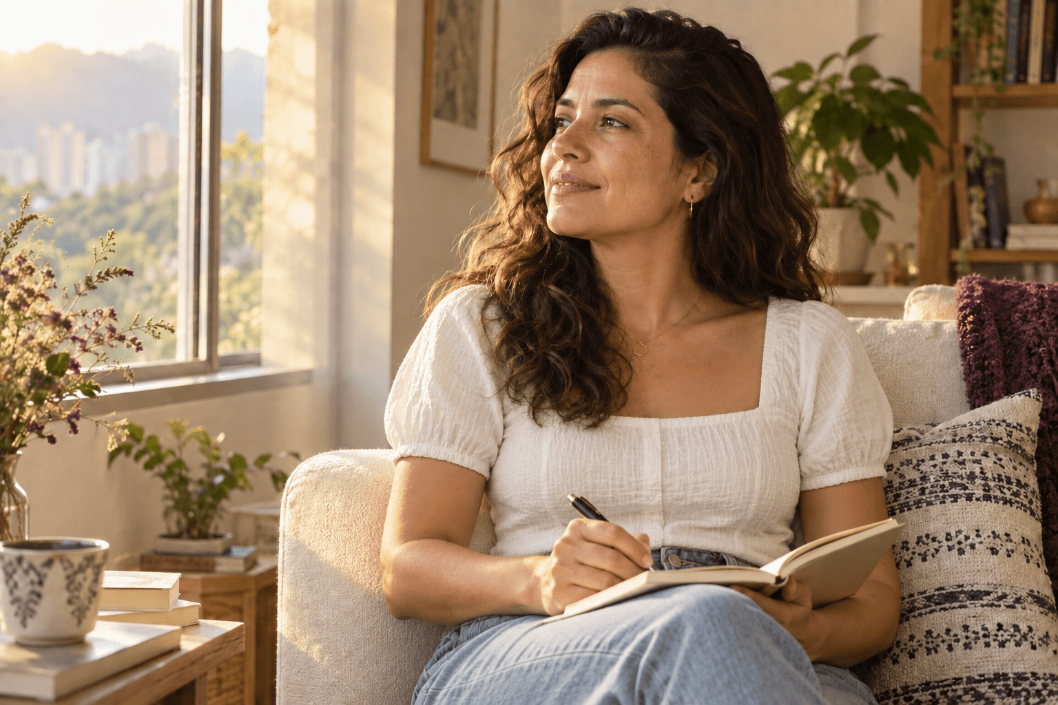Escena ilustrativa de una mujer dedicando un momento a escribir y reflexionar
