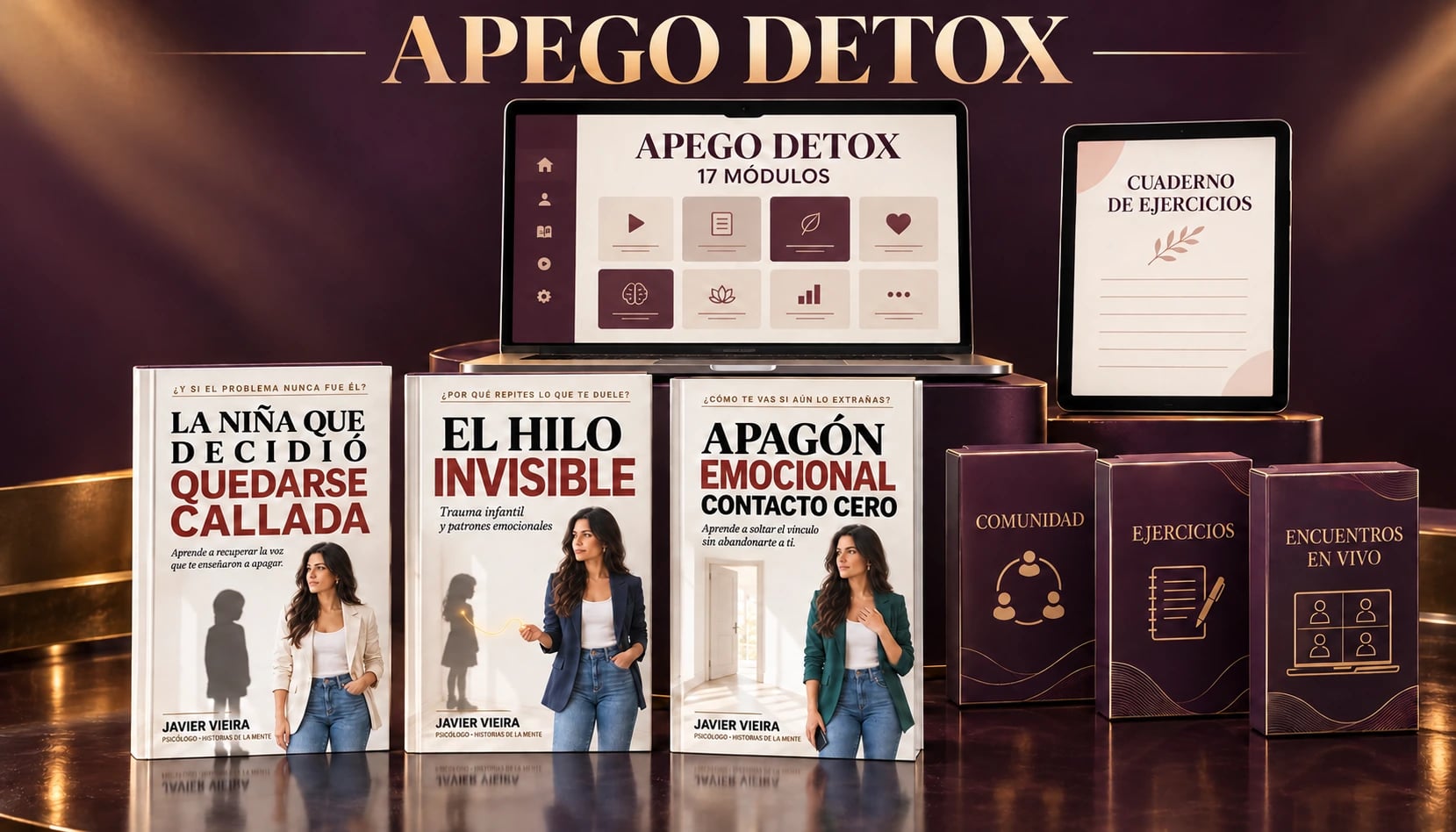 Representación del paquete digital Apego Detox: computador con los módulos, tablet de ejercicios, cajas de comunidad y encuentros en vivo, y los tres libros de Javier Vieira.