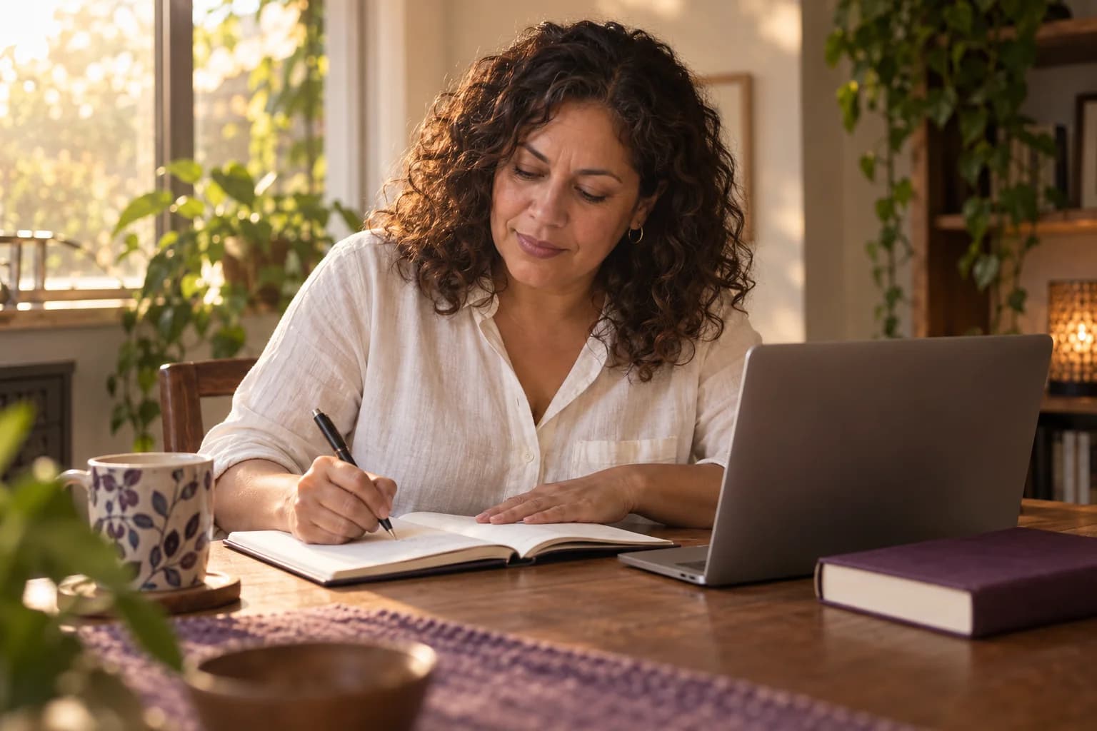 Escena ilustrativa: una mujer trabaja en su cuaderno junto a un libro y un computador, sin datos personales visibles.