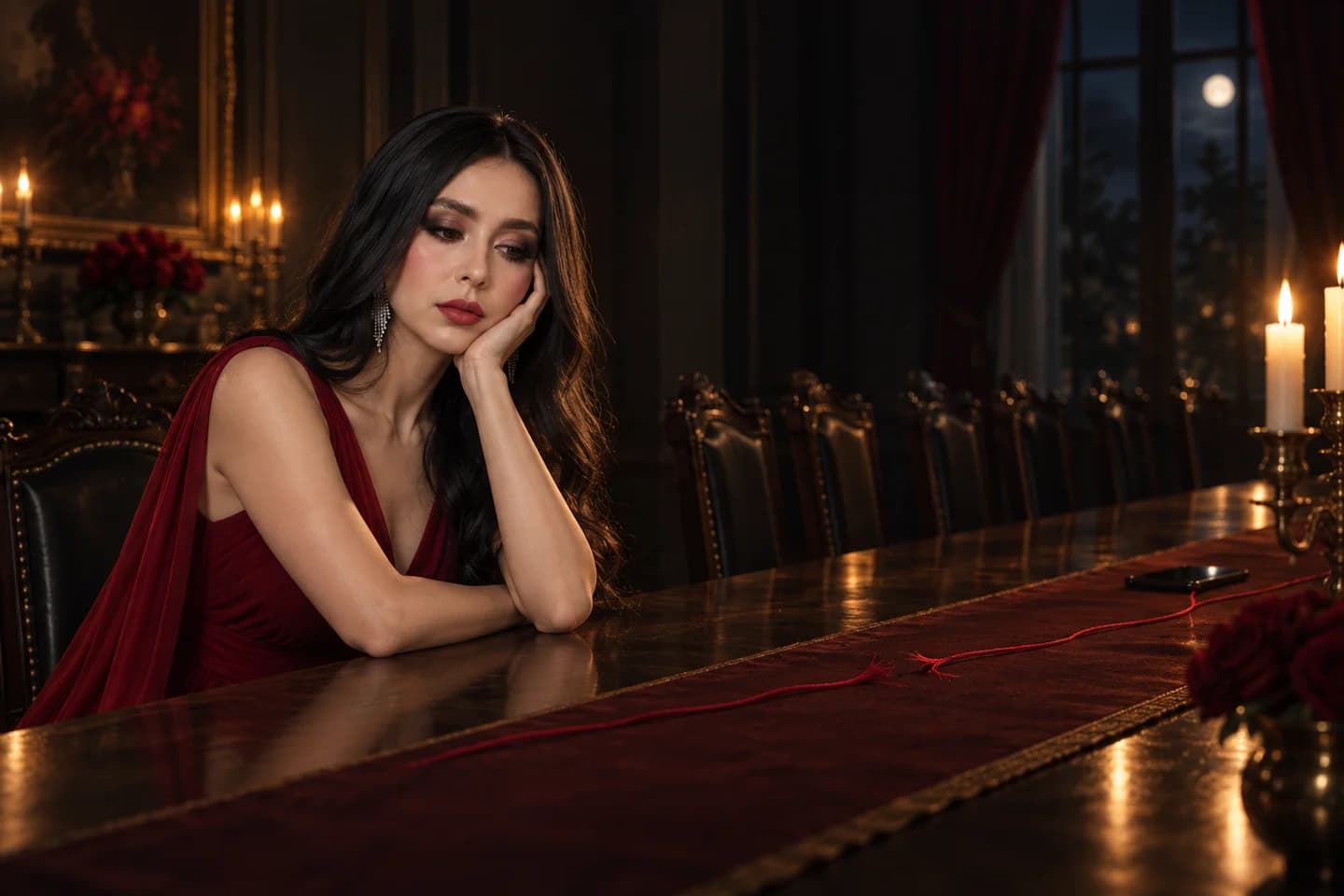 La misma mujer de vestido rojo en una mesa larga y vacía, junto a un hilo rojo cortado