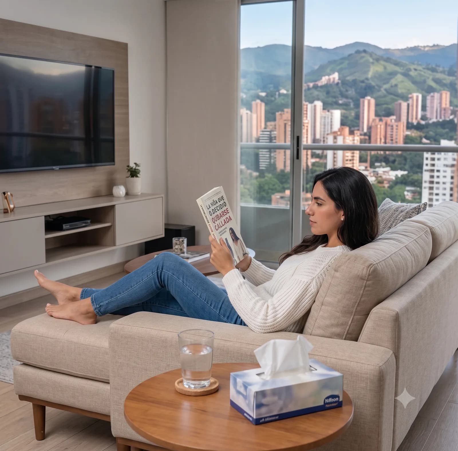 Mujer leyendo el libro en su sala