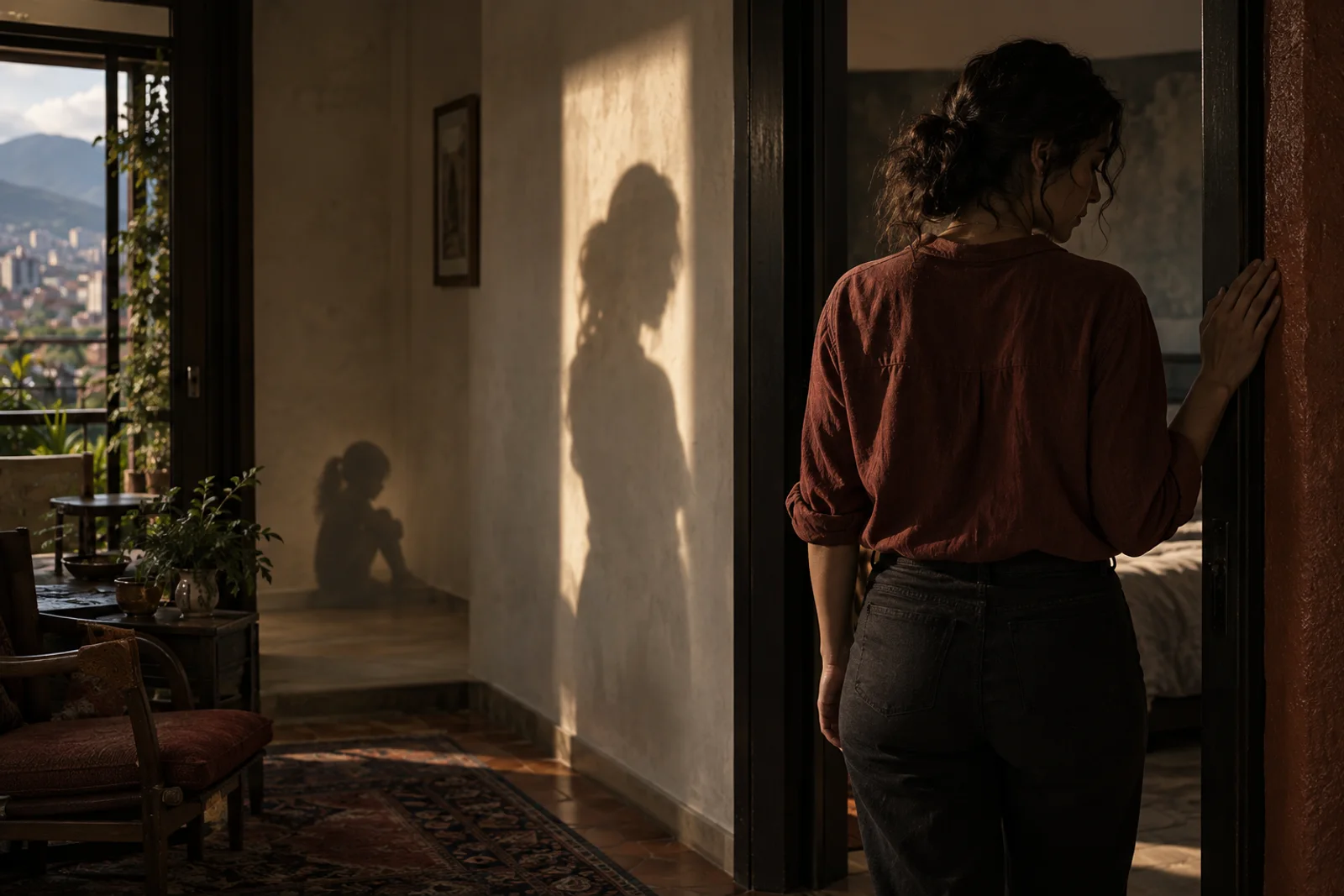 Escena simbólica: la sombra de una niña aparece junto a una mujer adulta en un umbral