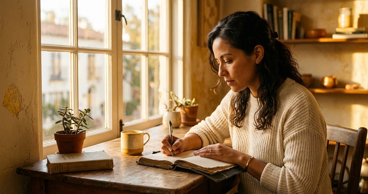 Mujer reflexionando sobre su herida de abandono en la pareja, mirando al horizonte con expresión de tristeza y esperanza