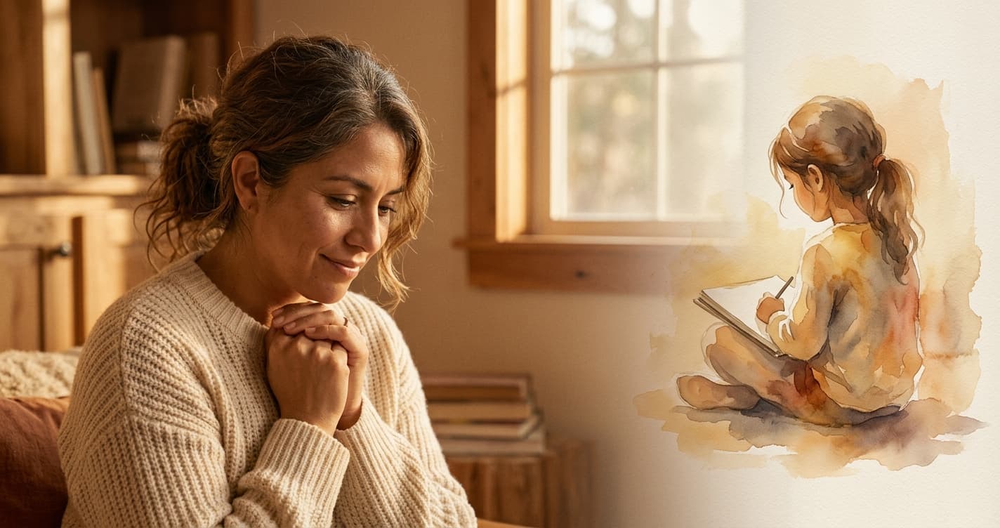 Mujer en calma conectando con su niña interior para sanar herida de rechazo