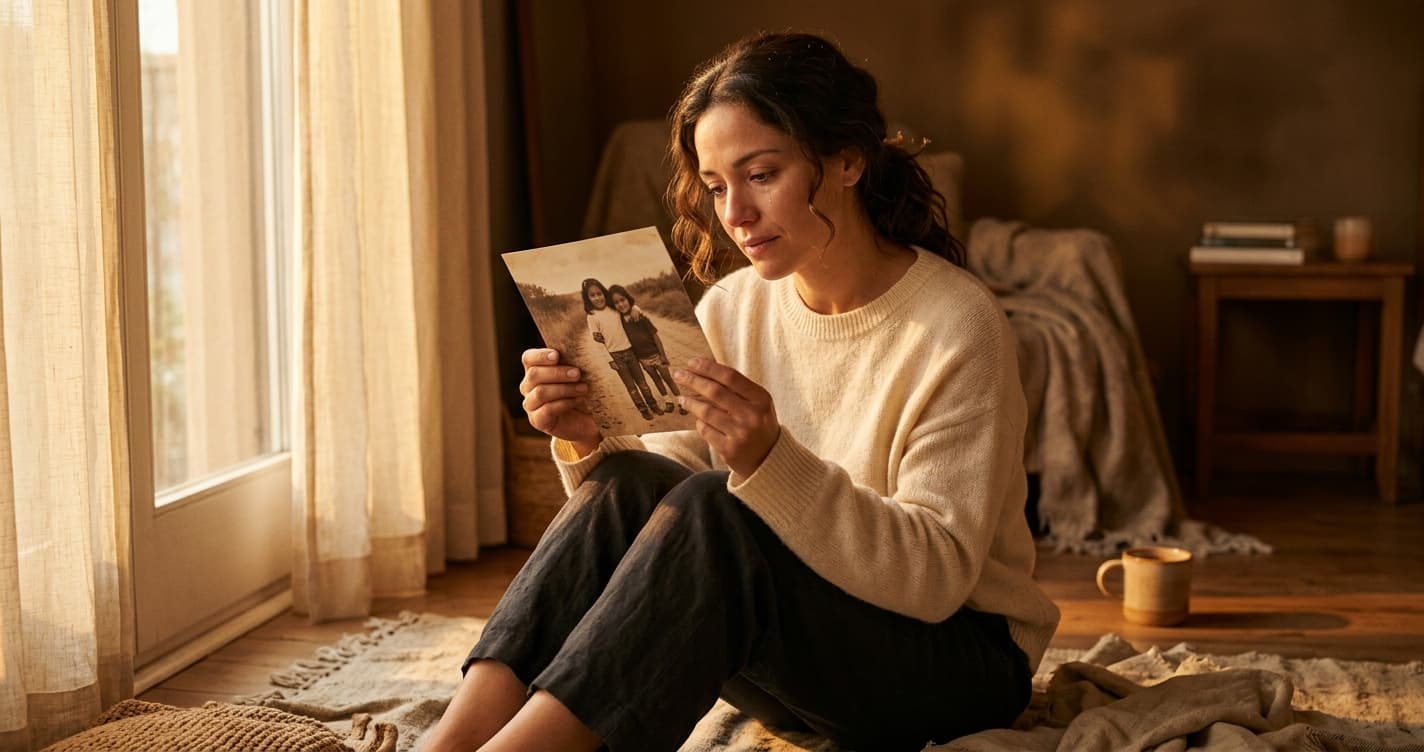 Mujer reflexionando sobre heridas de la infancia que afectan sus relaciones emocionales