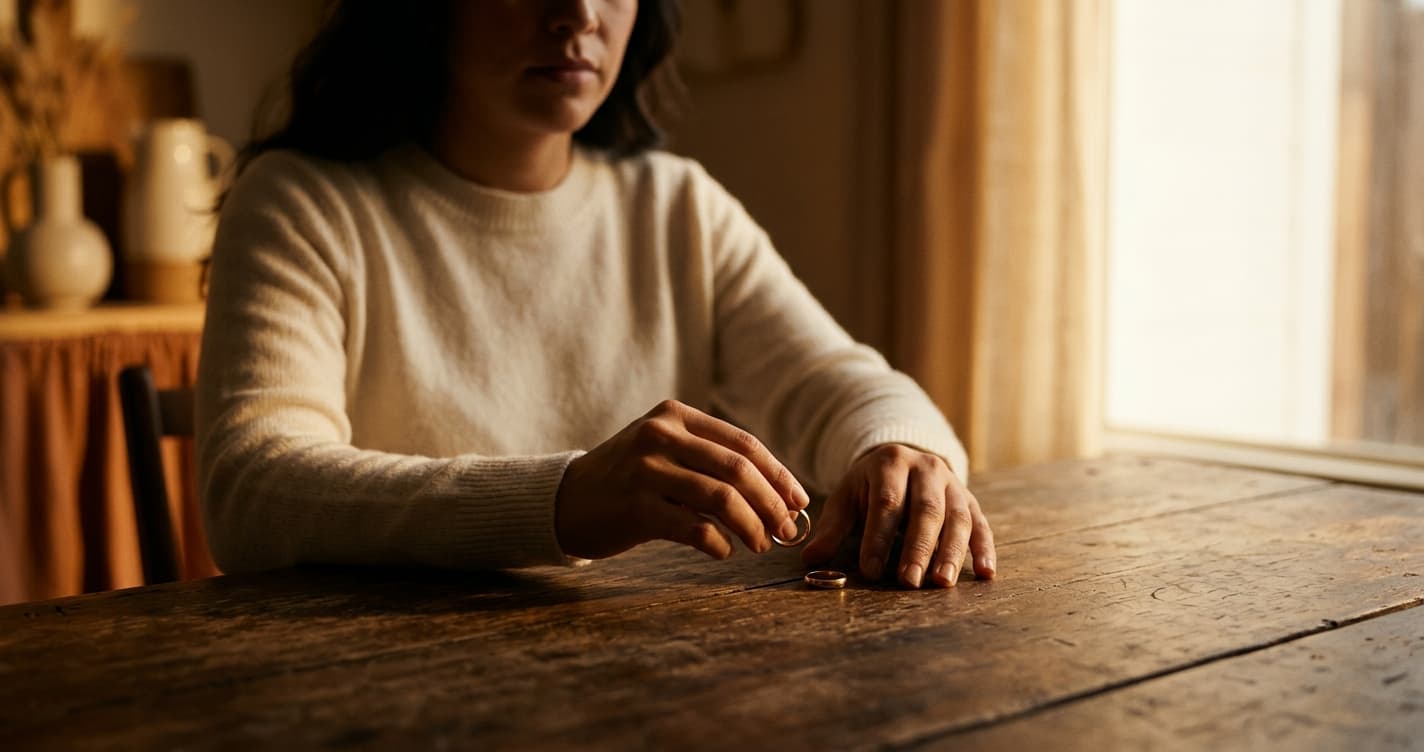 Mujer angustiada frente a documentos financieros, reflejando narcisista y control financiero