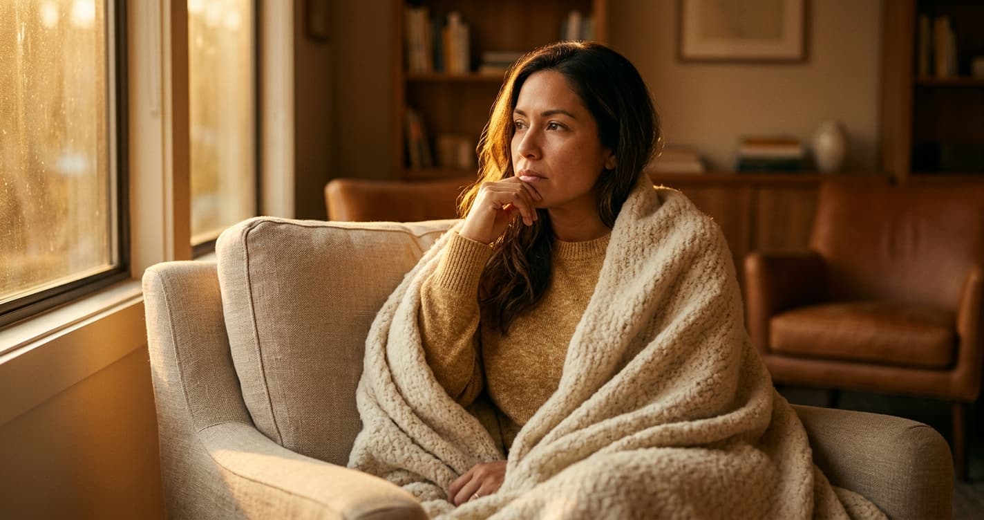 Mujer preocupada y pensativa reflejando recaida contacto cero y trauma bonding emocional