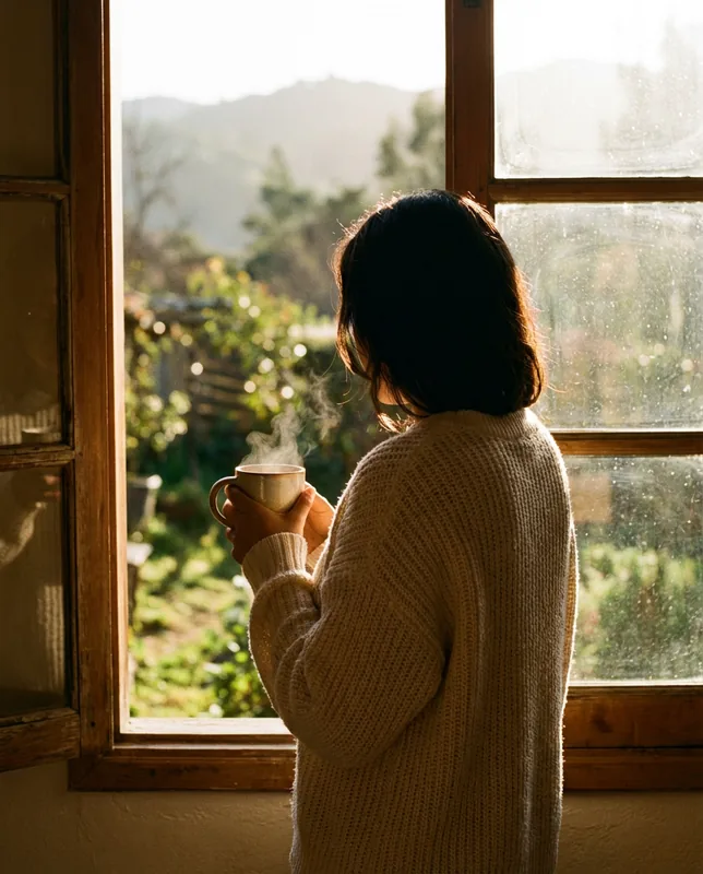 Mujer en paz con luz dorada
