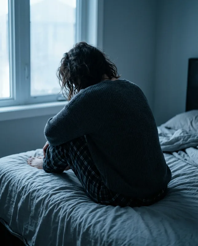 Mujer agotada en cama oscura
