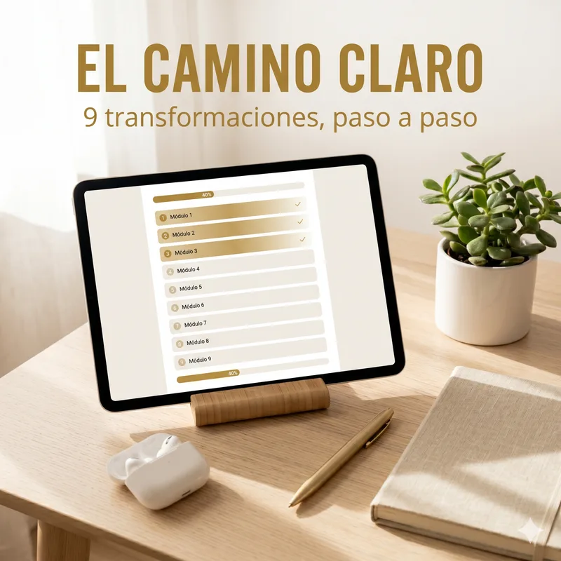 Mockup del curso Apego Detox en iPad con nueve módulos paso a paso