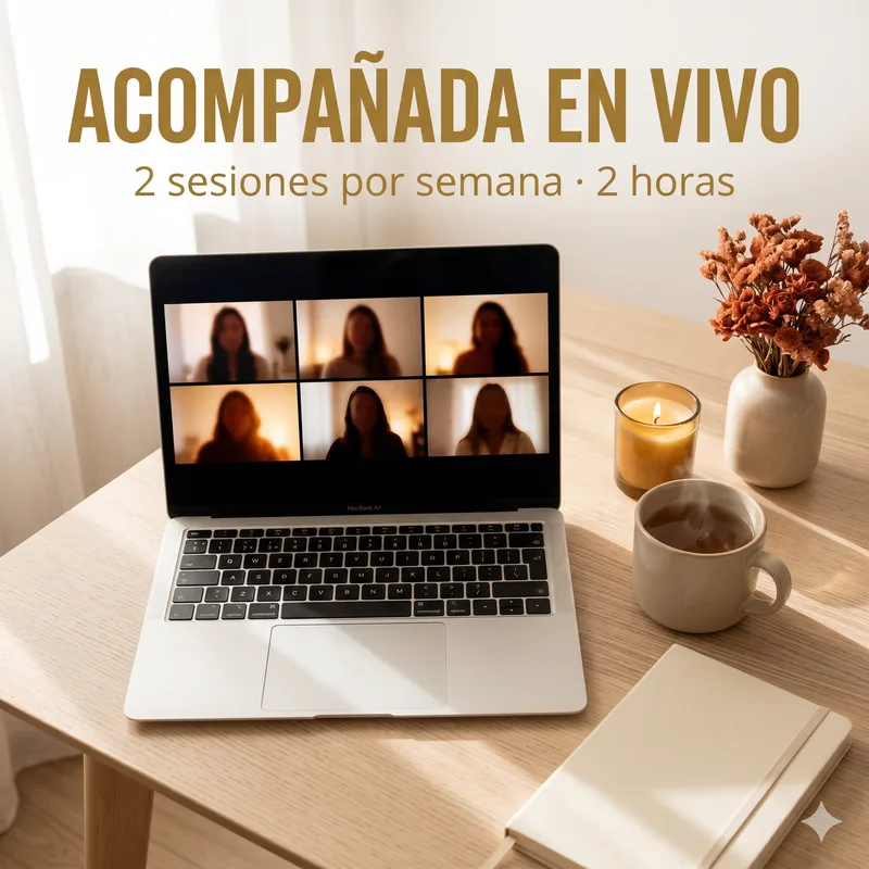 Mockup de sesión grupal en vivo de Apego Detox en laptop con seis mujeres conectadas